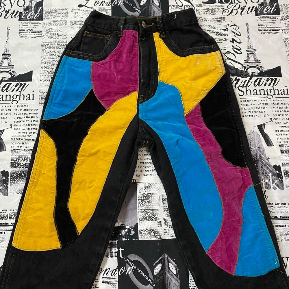 Traffic Women's black faux fur patched denim jeans vintage 80s high waist taper